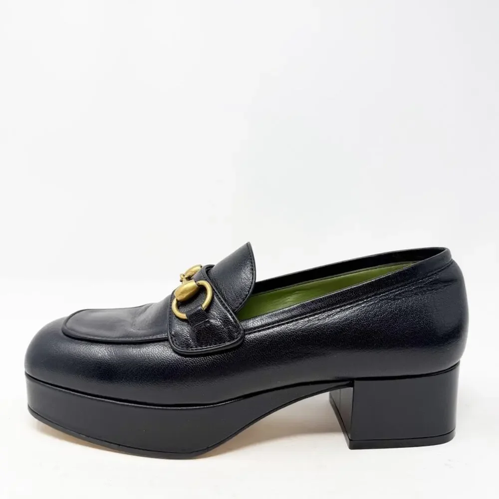 Gucci Houdan Horsebit Platform Loafers Black Leather Womens Size EU 36